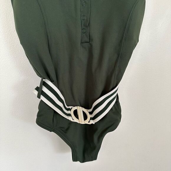 Seafolly Women's Green and White Tank Maillot Belted One Piece Swimsuit - Picture 13 of 16